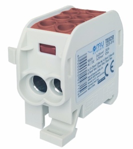 Clemă de distribuție - derivație maro Cu-Al 202A / 125A pe șină DIN 1 pol 2 intrări / borne (25+35mm²) si 2 ieșiri (25+35mm²) 1000V AC/DC