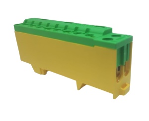 Clema terminala galben-verde PE 80A 690V 2x1,5 - 10/16 mm² si 8 x 1,5 - 6 mm² derivatie distributie impamantare, montare pe sina