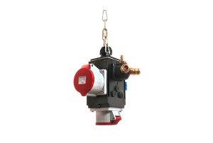 Distribuitor de energie suspendat cu 1 priza trifazica 400V 5 poli 16A 1 priza trifazica 400V 32A 5 poli si 1 prize monofazica schuko IP44 cu conexiune la aer comprimat