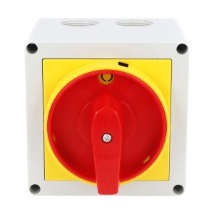 Intrerupator 32A 11kw 0-1 ON-OFF 3 poli IP65 90x90mm cu came industrial aplicat casetat cu maner galben rosu - Img 2
