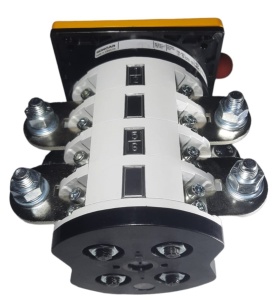 Intrerupator industrial cu came incastrabil Koncar ON-OFF 3P 400A 0-1 IP40 cu placa galbena de urgenta 132x132mm si maner rosu - Img 3