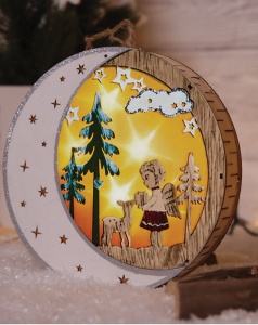 Lună, înger LED de Crăciundin lemn, fără baterii