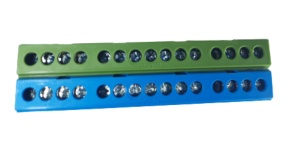 Set cleme bloc terminal barete pentru impamantare si nul albastra si verde pe sina 15 gauri max 16mm2 63A izolate - Img 3