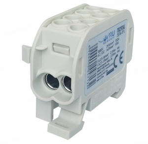 Clemă de distribuție - derivație gri Cu-Al 152A / 101A pe șină DIN 1 pol 2 intrări / borne (16+25mm²) si 2 ieșiri (16+25mm²) 1000V AC/DC