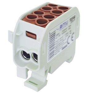 Clemă de distribuție - derivație maro Cu-Al 152A / 101A pe șină DIN 1 pol 2 intrări / borne (16+25mm²) si 2 ieșiri (16+25mm²) 1000V AC/DC