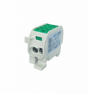 Clemă de distribuție - derivație verde Cu-Al 152A / 101A pe șină DIN 1 pol 2 intrări / borne (16+25mm²) si 2 ieșiri (16+25mm²) 1000V AC/DC