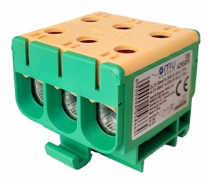 Clema terminala conexiune 1 pol verde Cu-Al 6 gauri 2.5-50mm² montare pe sina DIN 35mm 220A (Al) 245A ( Cu) cu surub imbus