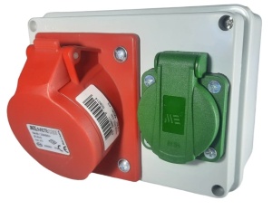 Doza aplicata precablata echipata cu 1 priza 5 poli 3P+N+E 16A 400V si 1 priza schuko 16A 230V IP44 150x110mm
