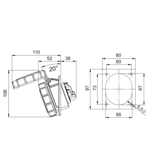 Priza trifazica 4 poli 16A 3P+E 6h incastrata oblica ST CEE 380V IP67 70x85mm - Img 2