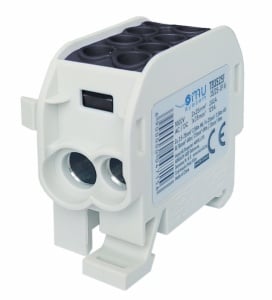 Clemă de distribuție - derivație neagră Cu-Al 202A / 125A pe șină DIN 1 pol 2 intrări / borne (25+35mm²) si 2 ieșiri (25+35mm²) 1000V AC/DC