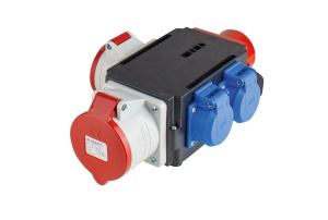 Distribuitor de curent trifazic MIXO CEE maxim 11kW intrare 5 poli 16A 400V iesire 5 poli 16A 400V, 5 poli 32A 400V si 2 prize schuko 230V IP44