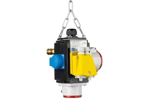 Distribuitor de energie suspendat cu 1 priza trifazica 400V 5 poli 16A 1 priza trifazica 400V 32A 5 poli si 1 prize monofazica schuko IP44 cu conexiune la aer comprimat si conexiune de date