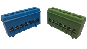 Set cleme bloc terminal barete pentru impamantare si nul albastra si verde pe sina 7 gauri max 16mm² 63A izolate - Img 1