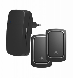 Sonerie fără fir și fără baterie 2 transmițătoare - comutator cinetic (2 butoane) și 1 receptor negru ( 1 sonerie) la priză , 38 melodii, distantă 150m. IP68 (buton)