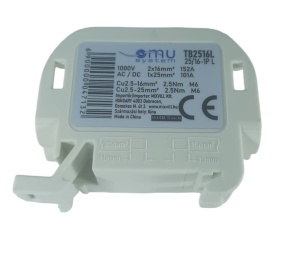Clemă de distribuție - derivație gri Cu-Al 152A / 101A pe șină DIN 1 pol 2 intrări / borne (16+25mm²) si 2 ieșiri (16+25mm²) 1000V AC/DC - Img 2
