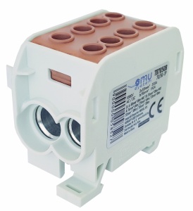 Clemă de distribuție - derivație maro Cu-Al 300A / 185A pe șină DIN 1 pol 2 intrări / borne (50+70mm²) si 2 ieșiri (50+70mm²) 1000V AC/DC