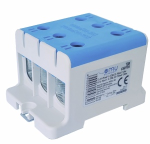 Clema terminala conexiune 1 pol albastra Cu-Al 6 gauri 16-95mm² montare pe sina DIN 35mm 290A (Al) 320A ( Cu) cu surub imbus