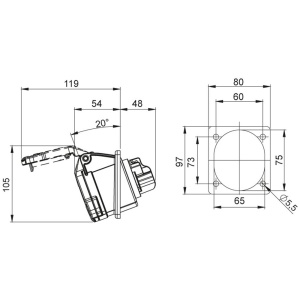 Priza trifazica incastrabila oblica 4 poli 32A 3P+E 6h CEE 380V IP44 - Img 2
