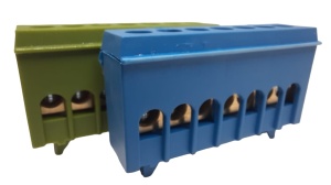 Set cleme bloc terminal barete pentru impamantare si nul albastra si verde pe sina 7 gauri max 16mm² 63A izolate - Img 2