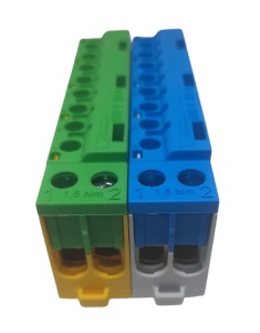 Set cleme terminale galben-verde PE si albastra N 80A 690V 2x1,5 - 10/16 mm² si 8 x 1,5 - 6 mm² derivatie distributie impamantare si nul, montare pe sina