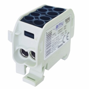 Clemă de distribuție - derivație neagră Cu-Al 152A / 101A pe șină DIN 1 pol 2 intrări / borne (16+25mm²) si 2 ieșiri (16+25mm²) 1000V AC/DC