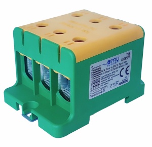 Clema terminala conexiune 1 pol galben - verde Cu-Al 6 gauri 16-95mm² montare pe sina DIN 35mm 290A (Al) 320A ( Cu) cu surub imbus