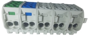 Cleme de distributie derivatie pentru conexiuni trifazice 25mm²/16mm² Cu-Al montaj pe sina DIN 152A 4 intrari per pol/clema
