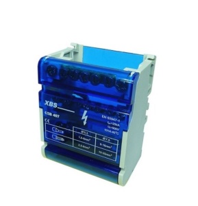 Distribuitor conexiuni 4 poli cu 7 gauri 100A 500V 65x51x88mm prindere pe sina DIN - Img 1