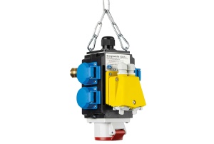 Distribuitor de energie suspendat 1 priza trifazica 400V 5 poli 16A IP44 si cu 4 prize monofazice schuko 16A IP44 cu conexiune la aer comprimat si conexiune de date