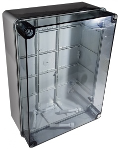 Doza aplicata transparenta 300x220x120mm IP56 pentru distributie jonctiune ABS rezistenta UV fara presetupe margini netede