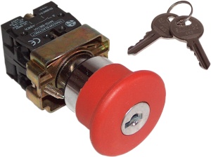 Buton de avarie tip ciupercă,cu zăvorâre, roşu, cu cheie