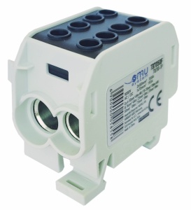 Clemă de distribuție - derivație neagră Cu-Al 300A / 185A pe șină DIN 1 pol 2 intrări / borne (50+70mm²) si 2 ieșiri (50+70mm²) 1000V AC/DC
