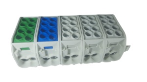 Cleme de distributie derivatie pentru conexiuni trifazice 25mm²/16mm² Cu-Al montaj pe sina DIN 152A 4 intrari per pol/clema - Img 2
