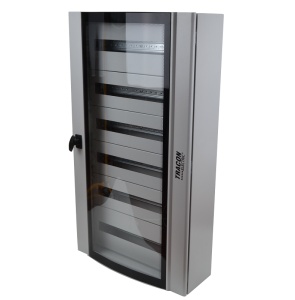 Cutie distrib.metalică cu uşă curbată din sticlă securizată