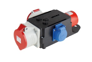Distribuitor de curent trifazic MIXO CEE maxim 7kW intrare 5 poli 32A 400V iesire 5 poli 16A 400V , 5 poli 32A 400V si 1 priza schuko 230V IP44