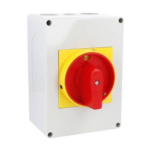 Intrerupator 63A 18.5kw 0-1 ON-OFF 3 poli IP65 125x175mm cu came industrial aplicat casetat cu maner galben rosu - Img 1