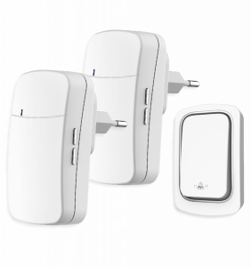 Sonerie fără fir și fără baterie 1 transmițător- comutator cinetic (1 buton) și 2 receptoare albe ( 2 sonerii) la priză , 38 melodii, distantă 150m. IP68 (buton) - Img 1