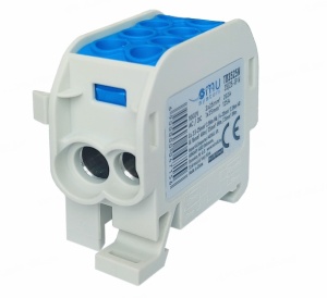 Clemă de distribuție - derivație albastră Cu-Al 152A / 101A pe șină DIN 1 pol 2 intrări / borne (16+25mm²) si 2 ieșiri (16+25mm²) 1000V AC/DC