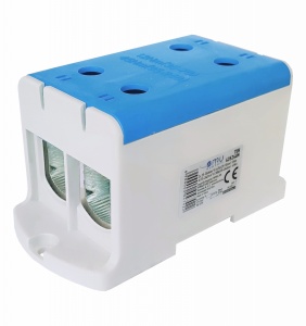 Clema terminala conexiune 1 pol albastra Cu-Al 4 gauri 35-240mm² montare pe sina DIN 35mm 380A (Al) 425A ( Cu) cu surub imbus