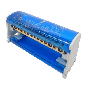 Distribuitor conexiuni 2 poli cu 15 gauri 125A 500V 132x51x45mm prindere pe sina DIN - Img 1