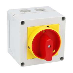 Intrerupator 25A 7.5kw 0-1 ON-OFF 3 poli IP65 75x75mm cu came industrial aplicat casetat cu maner galben rosu - Img 1