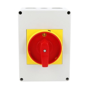 Intrerupator 63A 18.5kw 0-1 ON-OFF 3 poli IP65 125x175mm cu came industrial aplicat casetat cu maner galben rosu - Img 2