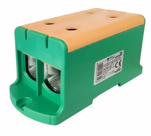 Clema terminala conexiune 1 pol verde - galben Cu-Al 4 gauri 35-240mm² montare pe sina DIN 35mm 380A (Al) 425A ( Cu) cu surub imbus