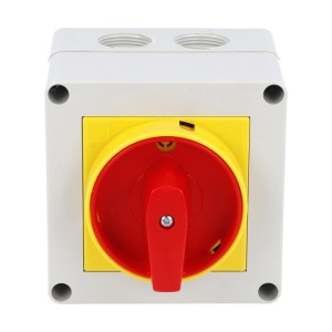 Intrerupator 25A 7.5kw 0-1 ON-OFF 3 poli IP65 75x75mm cu came industrial aplicat casetat cu maner galben rosu - Img 2