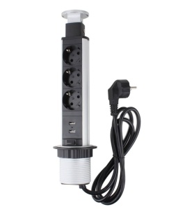 Priză schuko încastrabilă în blat de birou sau bucătărie, 3 posturi 220-240VAC 16A + 2 prize USB cablu 1.8m, pop-up