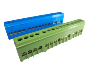 Set cleme bloc terminal barete pentru impamantare si nul albastra si verde pe sina 15 gauri max 16mm2 63A izolate - Img 2