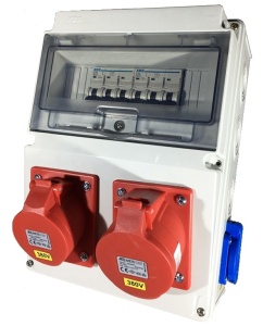 Tablou echipat cu 10 module 2 prize 5 poli 32A si 2 prize monofazice 16A industrial organizare de santier IP44 cu protectie diferentiala