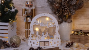 Calendar LED Crăciun cu cuburi, peisaj, din lemn, cu baterii