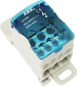 Clema de distributie pe sina 1 pol 80A cu capac intrare 1x6-16mm2 si iesire 2x2.5-16mm2 + 4x2.5-6mm2