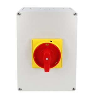 Intrerupator 125A 37kw 0-1 ON-OFF 3 poli IP65 254x180mm cu came industrial aplicat casetat cu maner galben rosu - Img 2